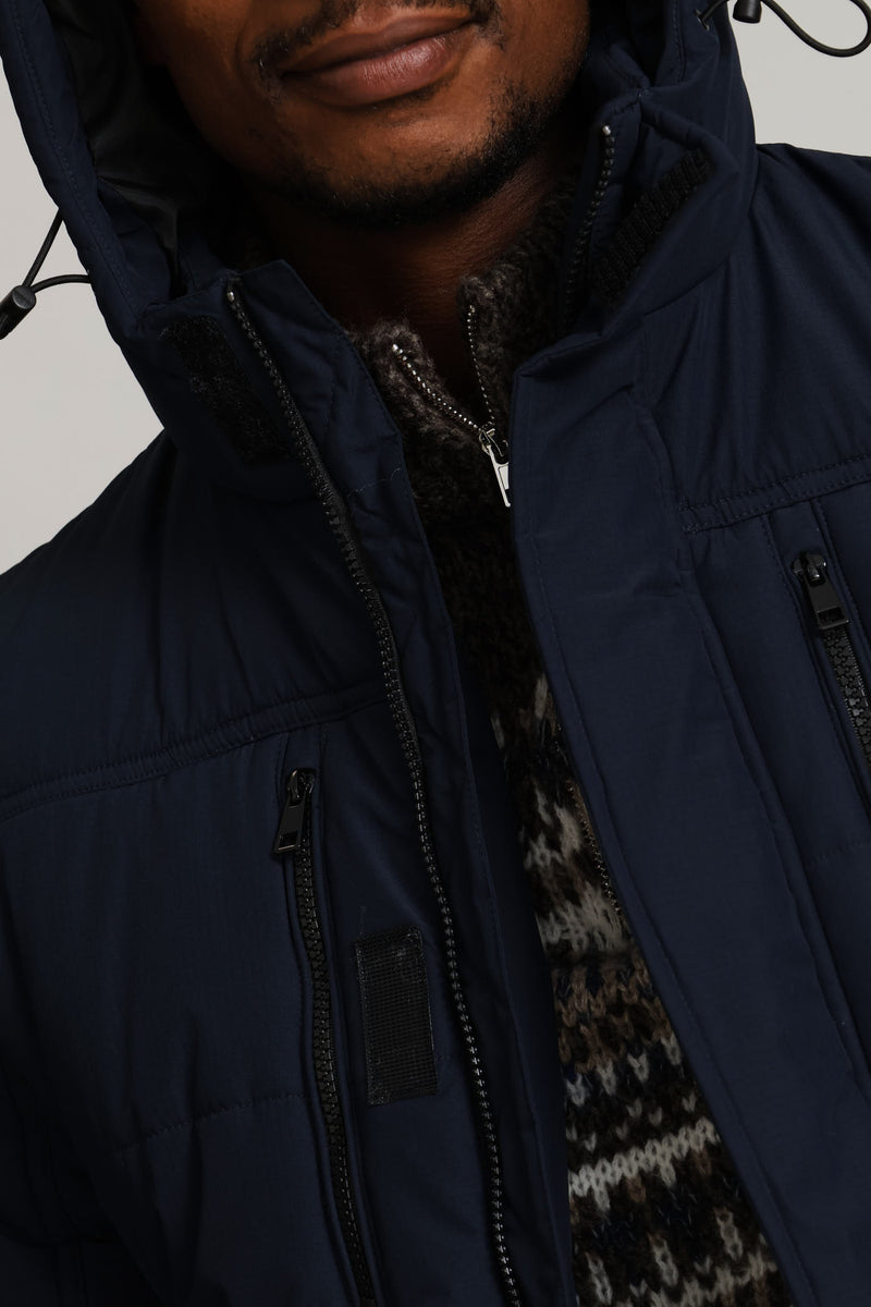 Hooded Zip Pocket Padded Jacket - Navy