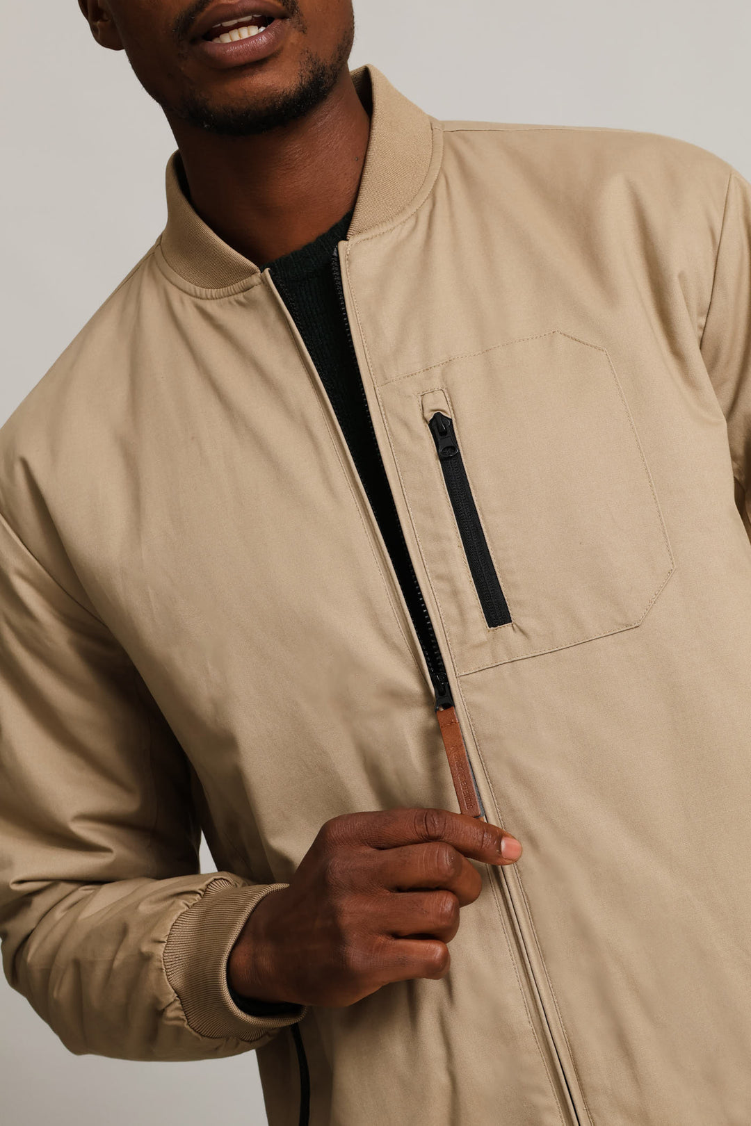 Cotton Bomber Zip Pocket - Taupe