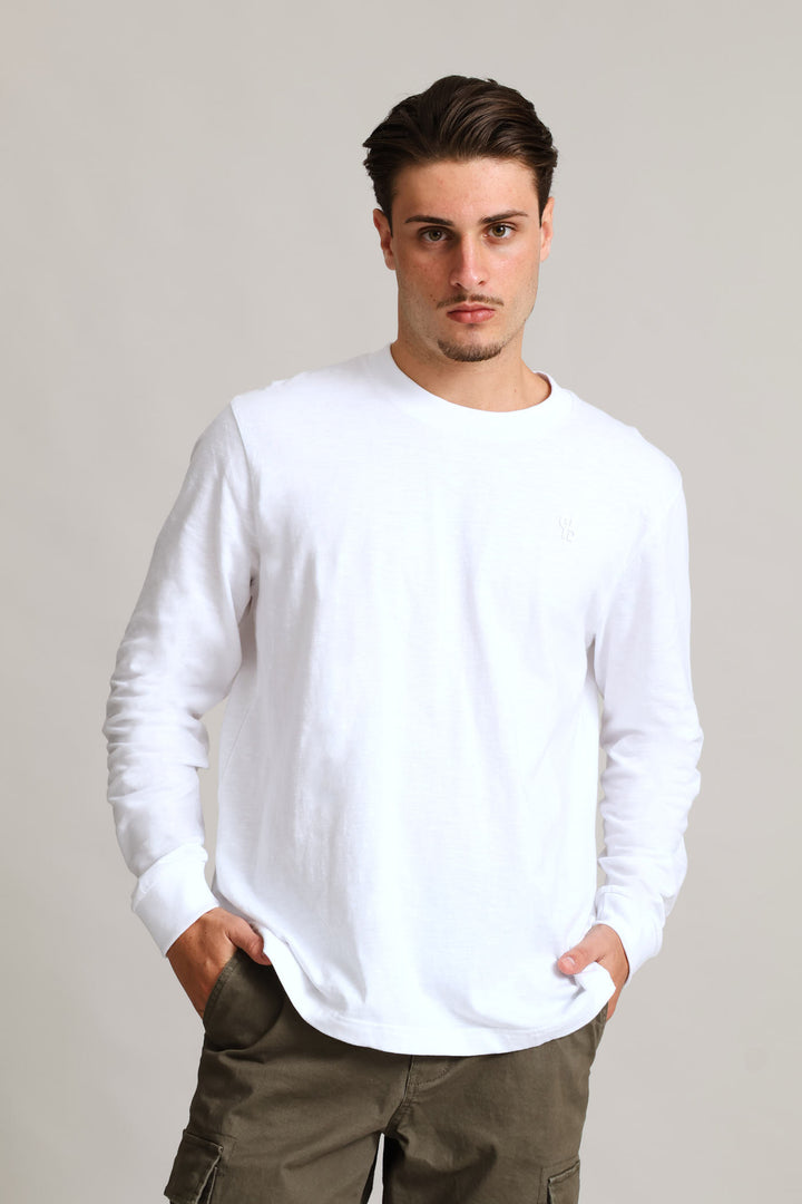 Long Sleeve Slub Crew Tee  - White