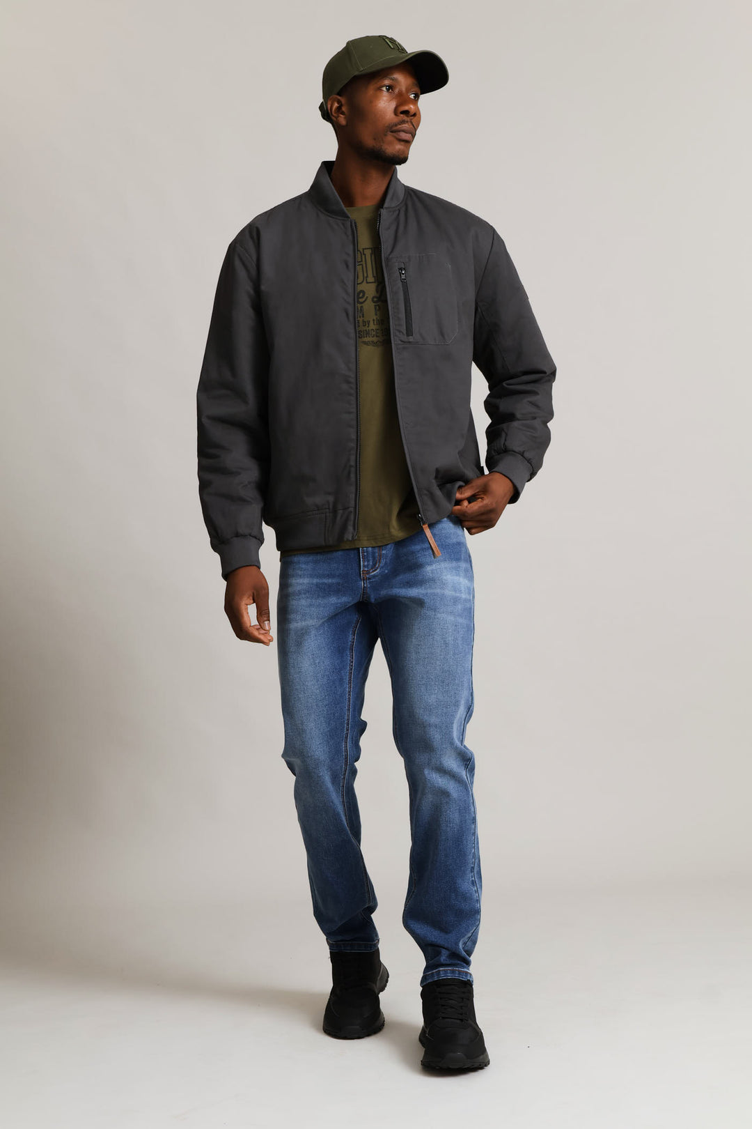 Cotton Bomber Zip Pocket - Charcoal