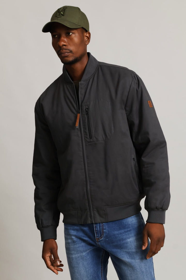 Cotton Bomber Zip Pocket - Charcoal