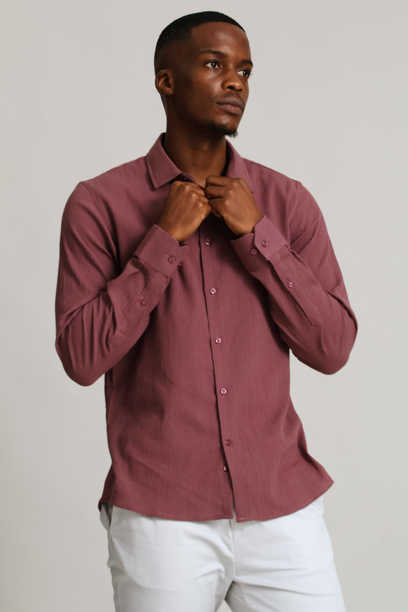 Long Sleeve Crinkle Look Textured Shirt - Rust/Cream