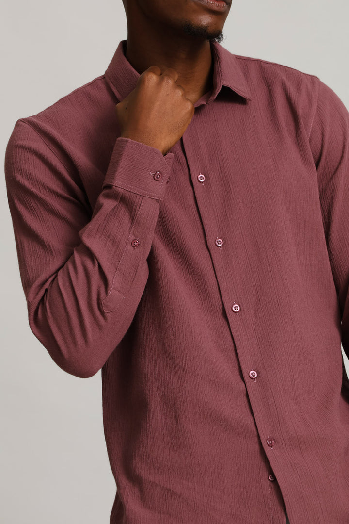 Long Sleeve Crinkle Look Textured Shirt - Rust/Cream