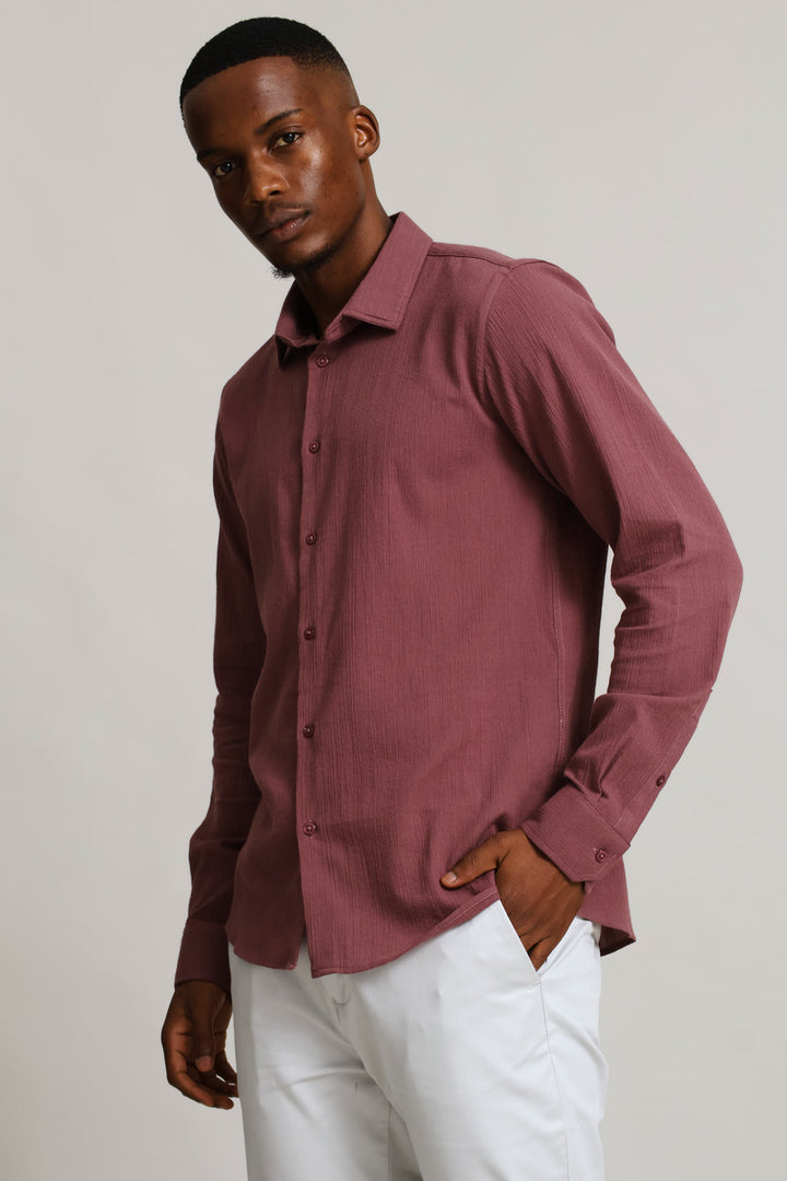 Long Sleeve Crinkle Look Textured Shirt - Rust/Cream