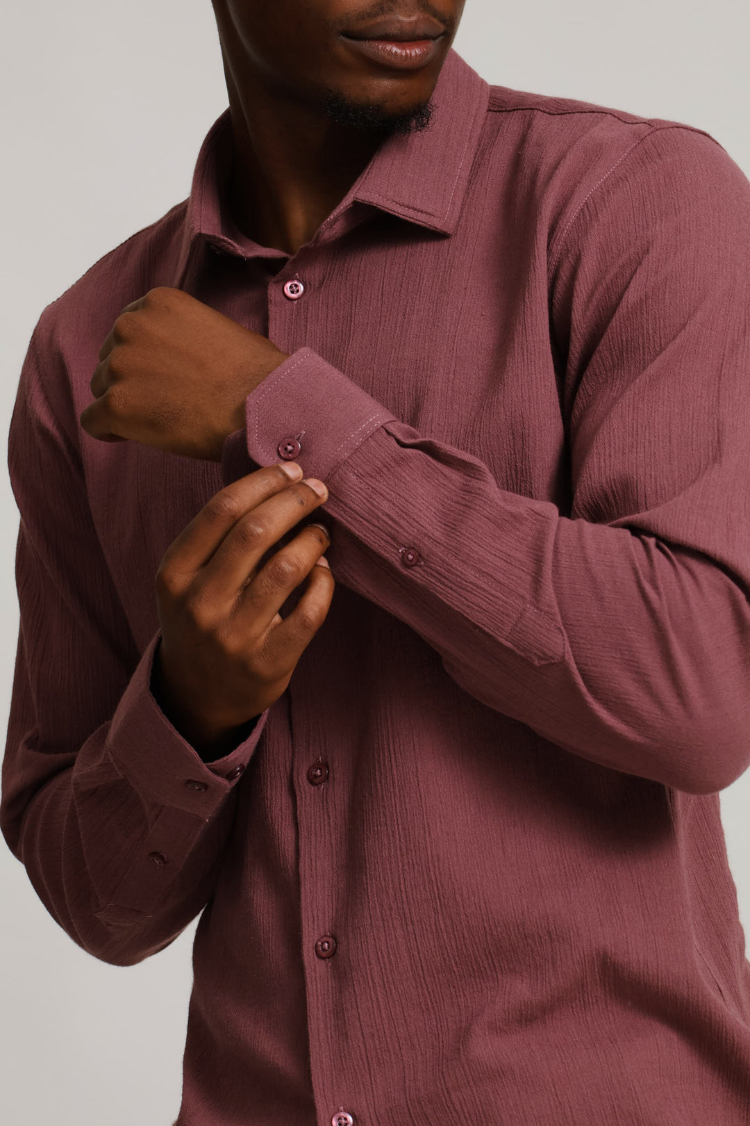 Long Sleeve Crinkle Look Textured Shirt - Rust/Cream