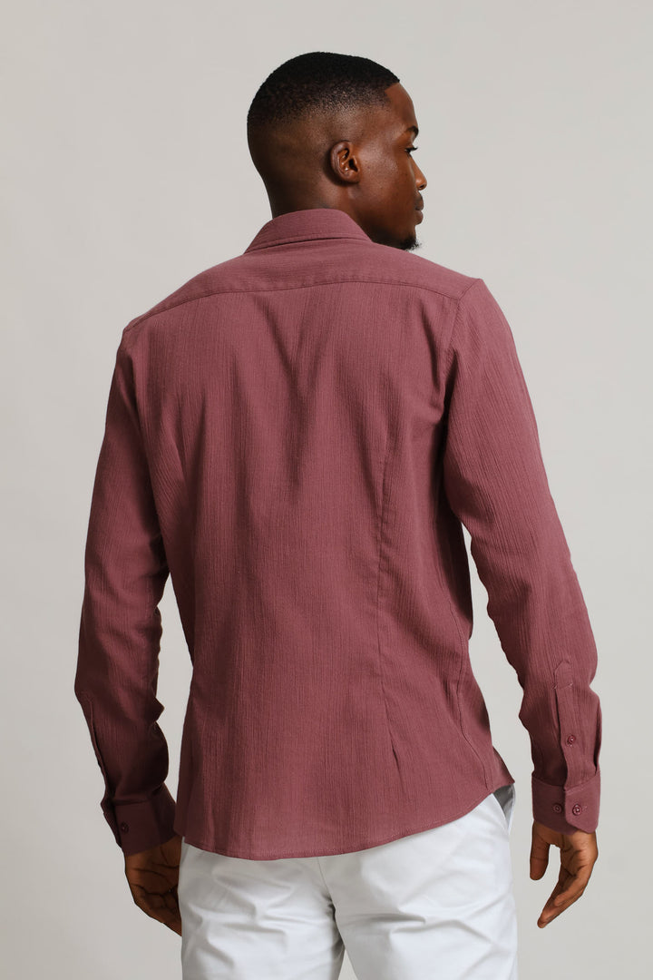 Long Sleeve Crinkle Look Textured Shirt - Rust/Cream