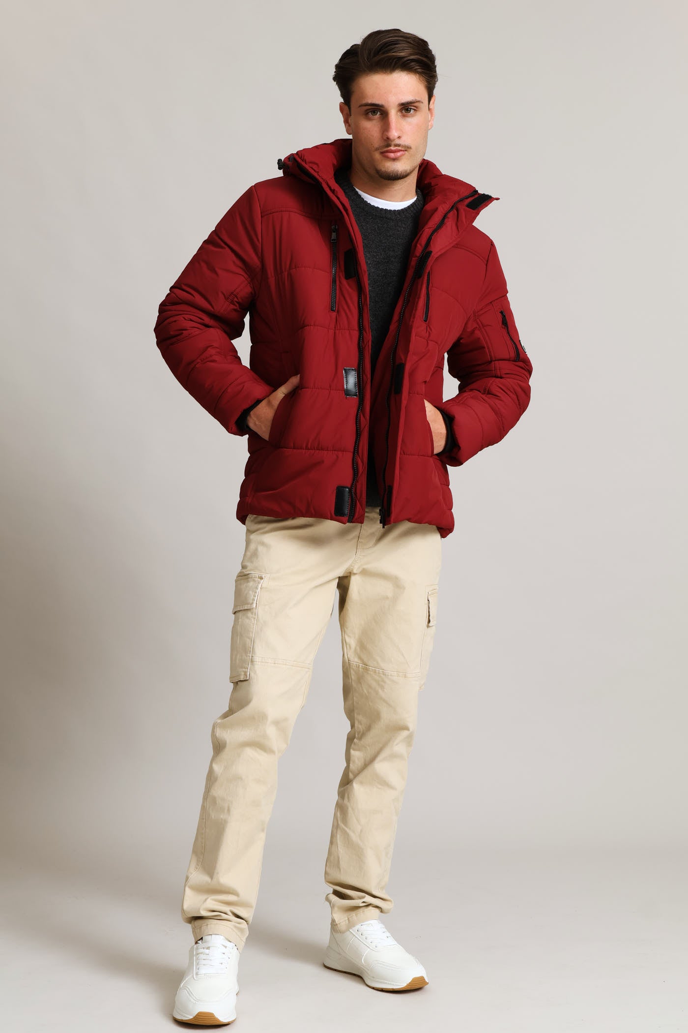 Mens Hooded Zip Pocket Padded Jacket - Dark Red – Edgars