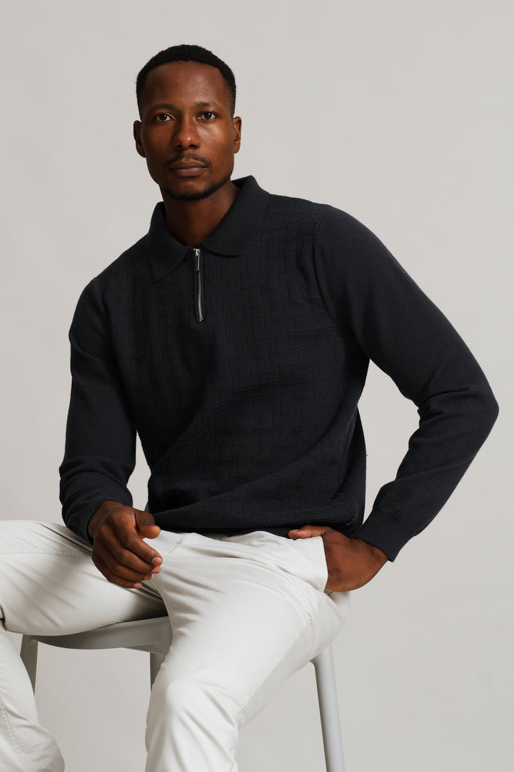 Gunmetal Pave Fine Guage Zip Polo Knitwear