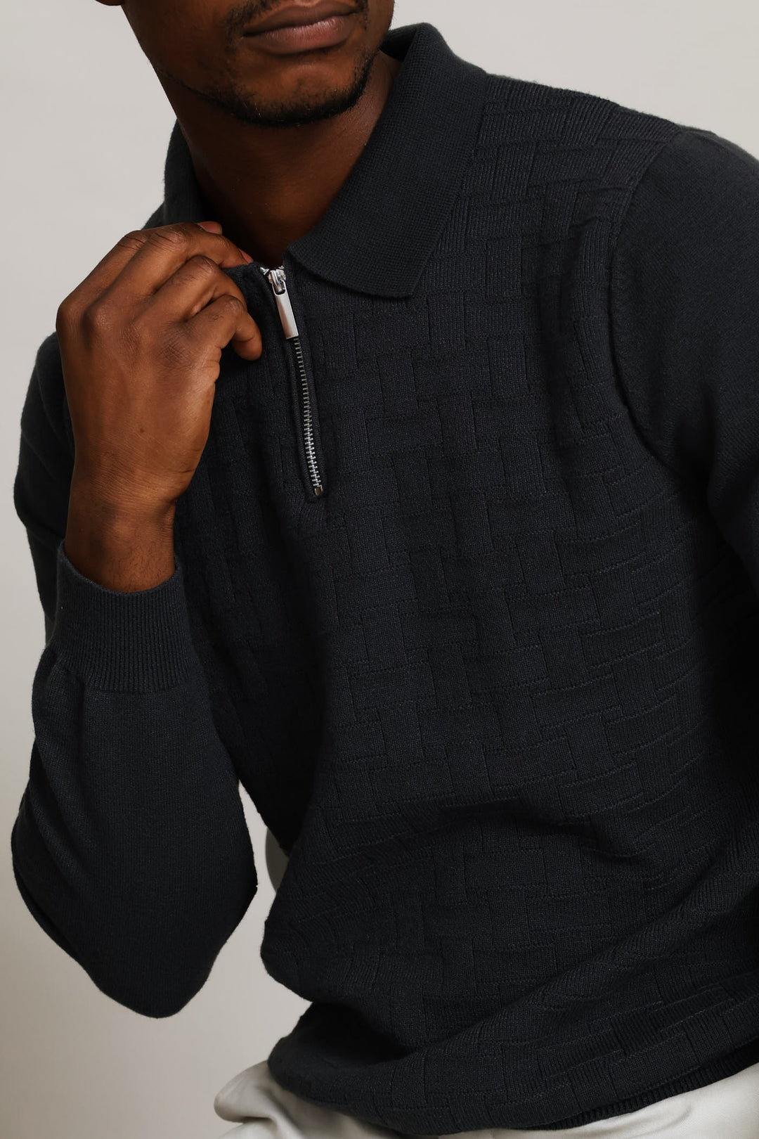 Gunmetal Pave Fine Guage Zip Polo Knitwear