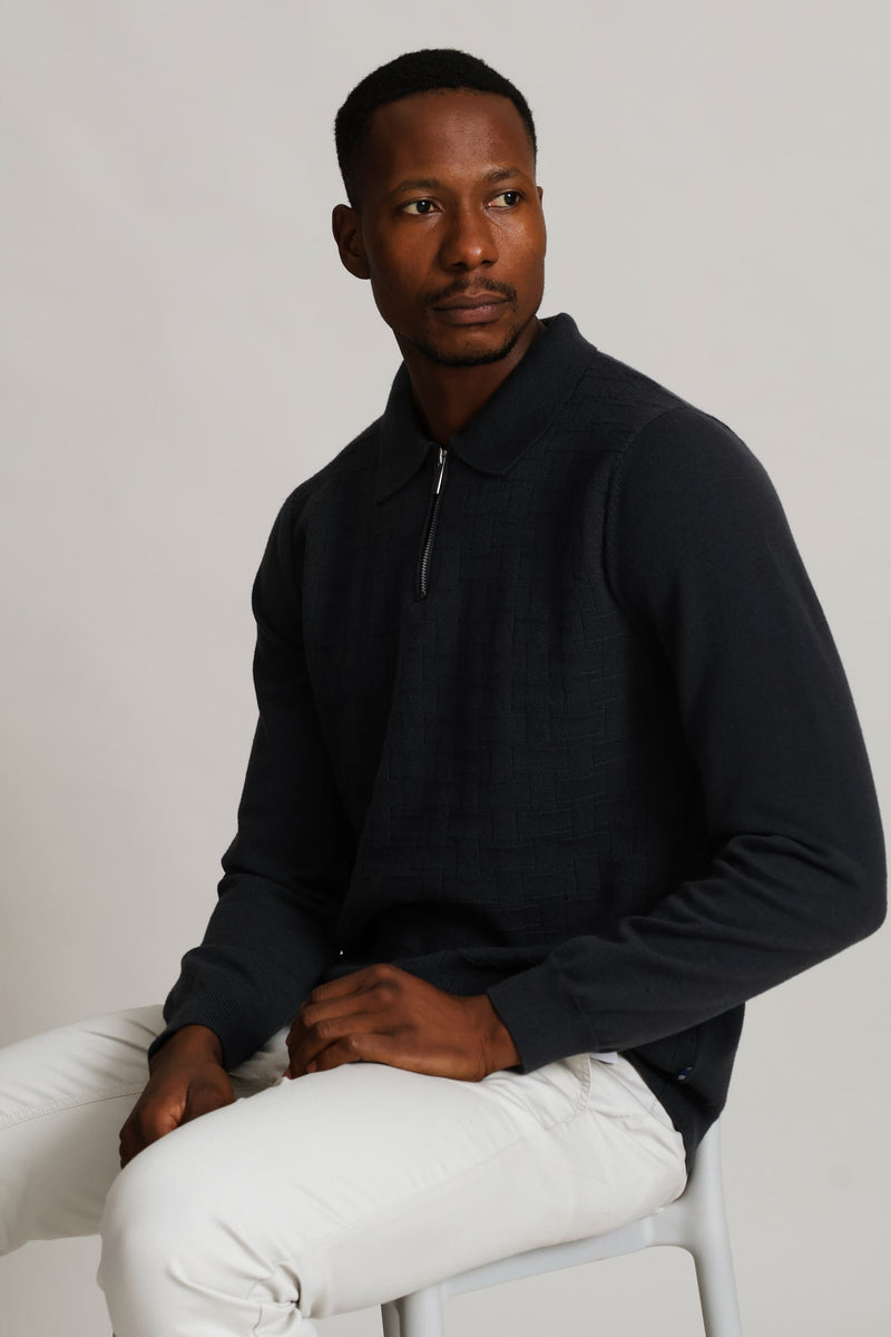 Gunmetal Pave Fine Guage Zip Polo Knitwear