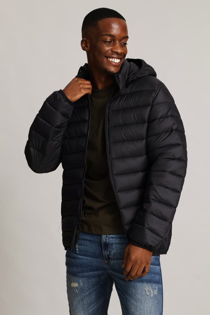 Basic Hooded Puffer Jacket - Black