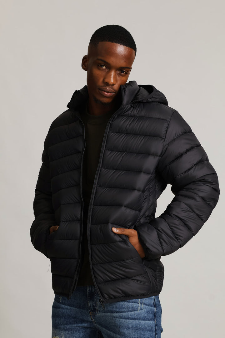 Basic Hooded Puffer Jacket - Black