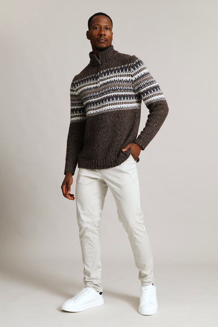 Brown Fair Isle 1/4 Zip Knitwear - Brown