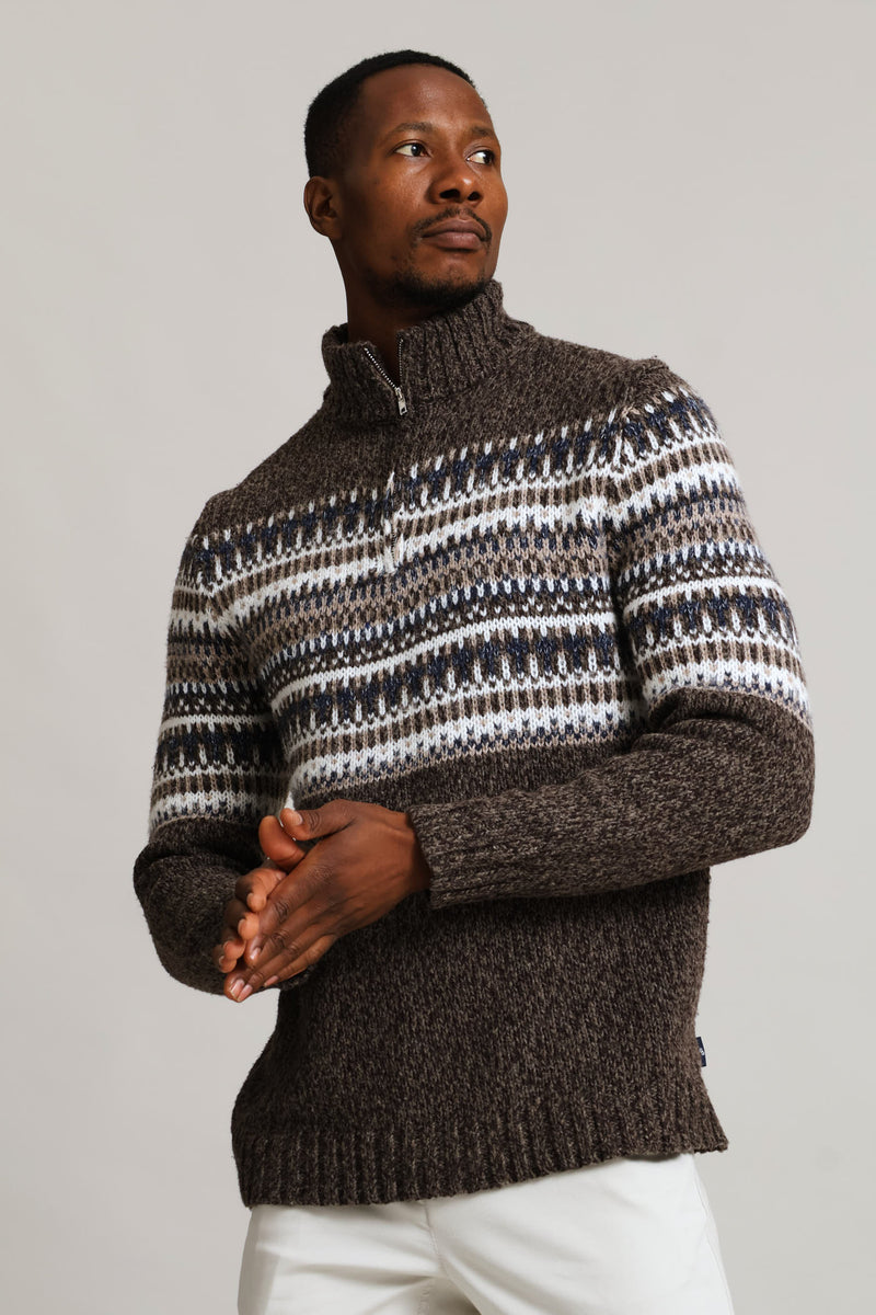 Brown Fair Isle 1/4 Zip Knitwear - Brown