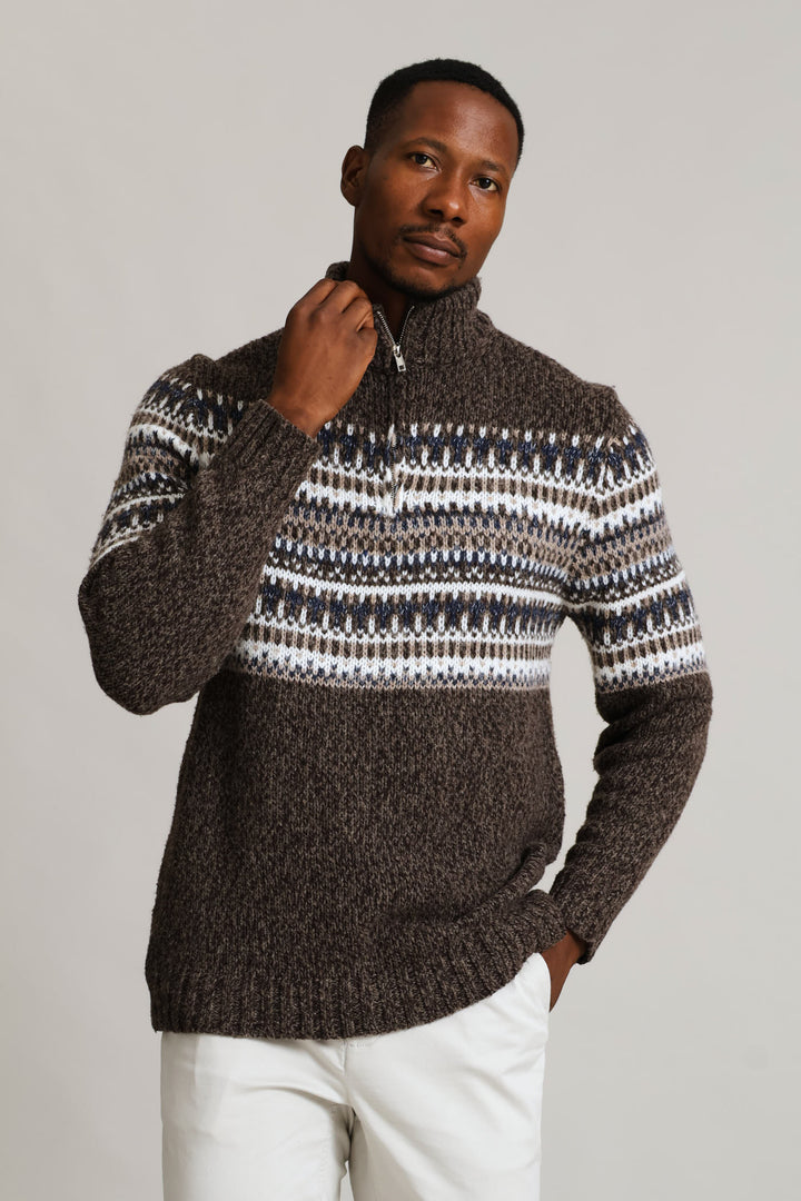 Brown Fair Isle 1/4 Zip Knitwear - Brown