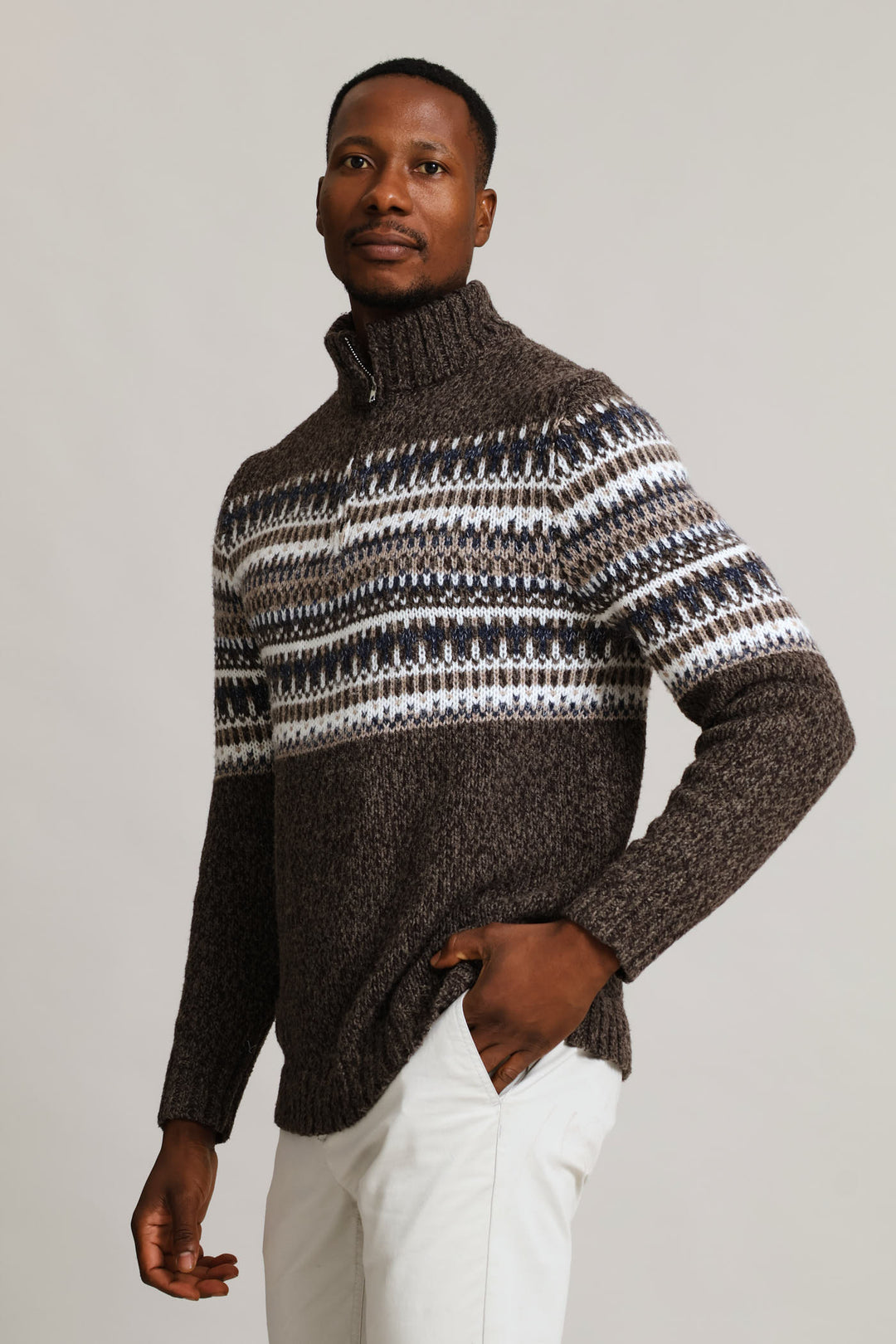 Brown Fair Isle 1/4 Zip Knitwear - Brown