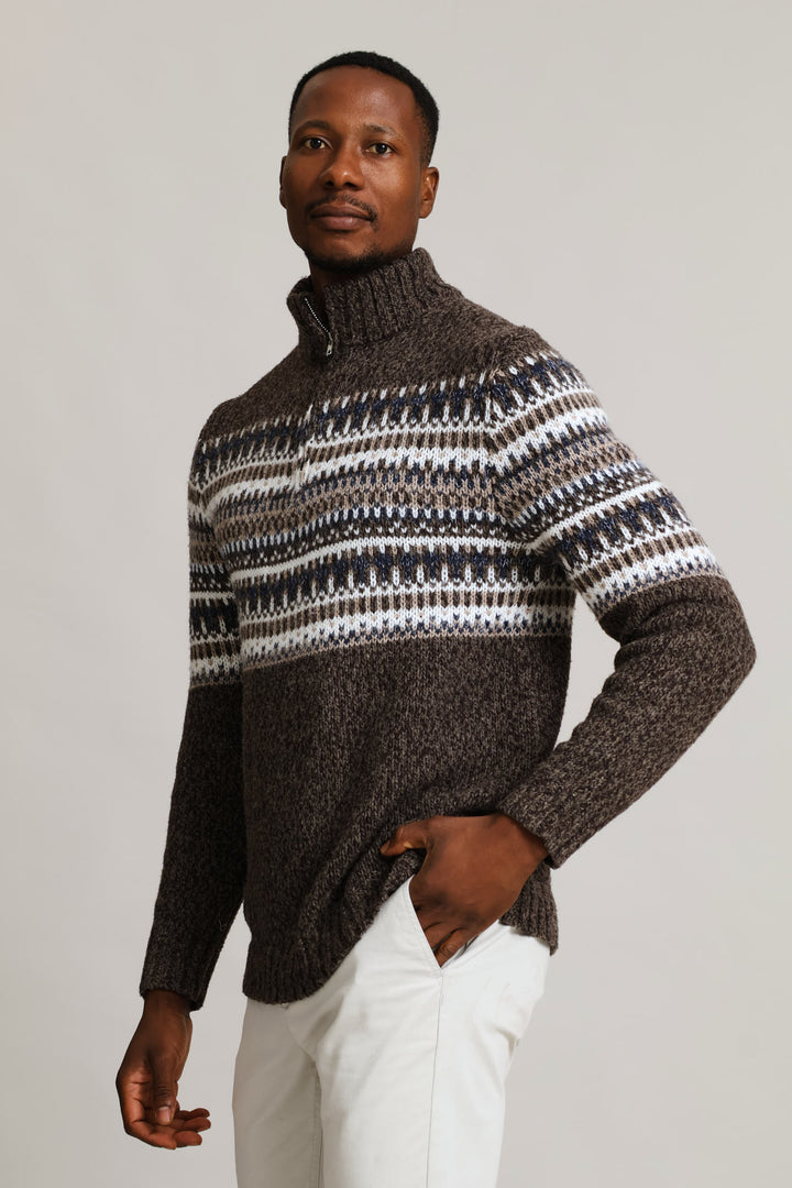 Brown Fair Isle 1/4 Zip Knitwear - Brown