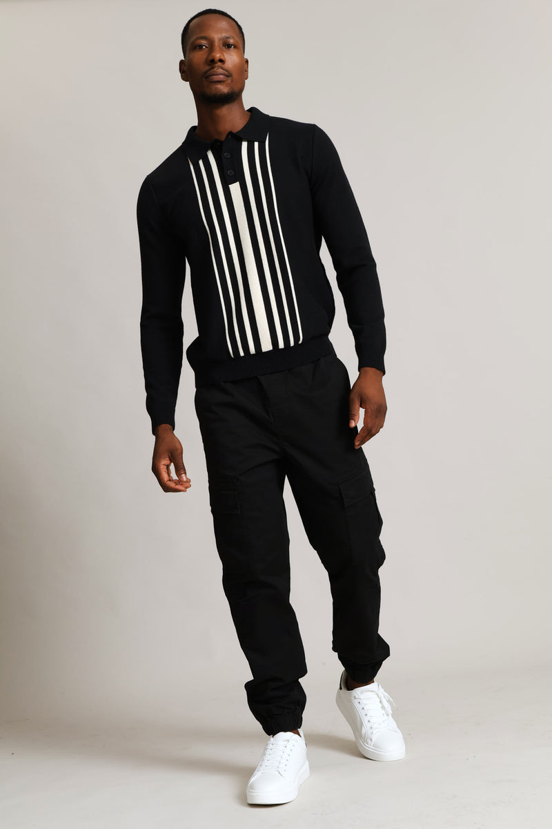 Panel Stripe Guage Polo Knitwear - Black