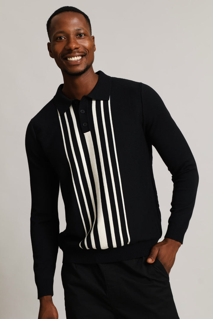 Panel Stripe Guage Polo Knitwear - Black