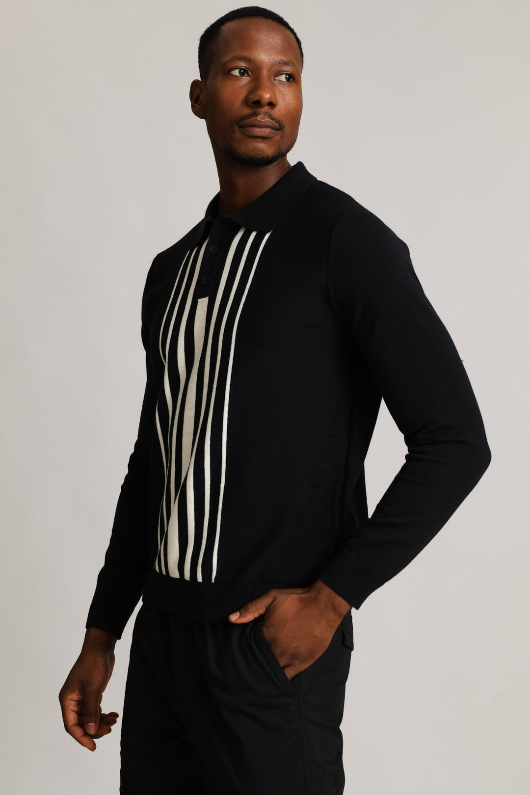 Panel Stripe Guage Polo Knitwear - Black