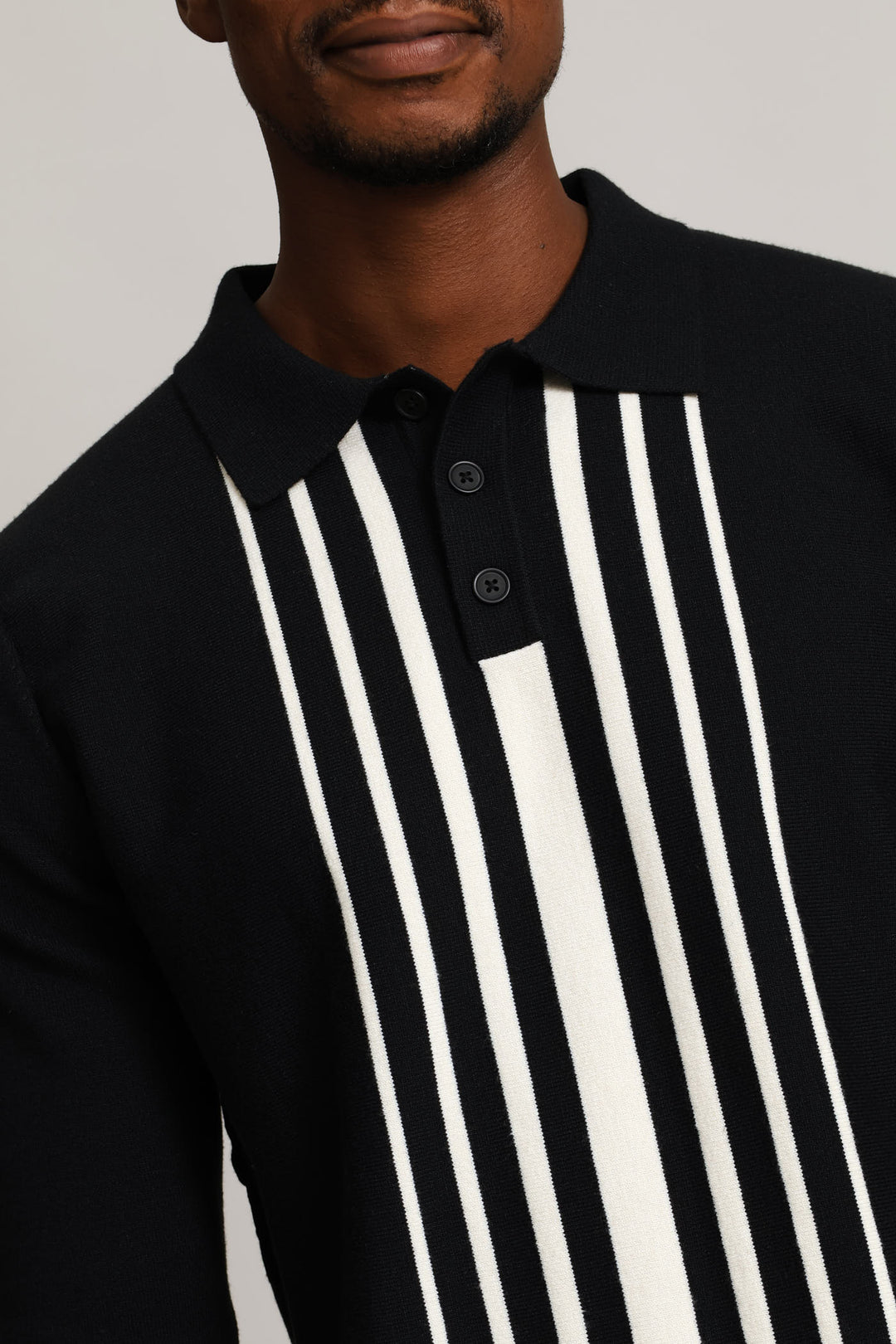 Panel Stripe Guage Polo Knitwear - Black