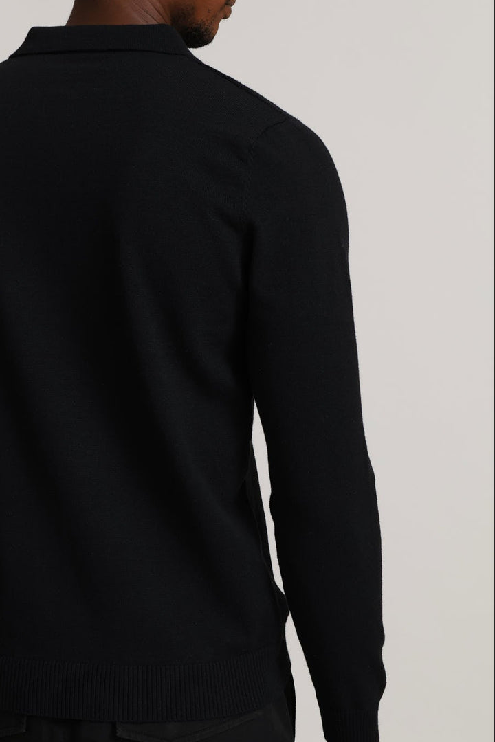 Panel Stripe Guage Polo Knitwear - Black