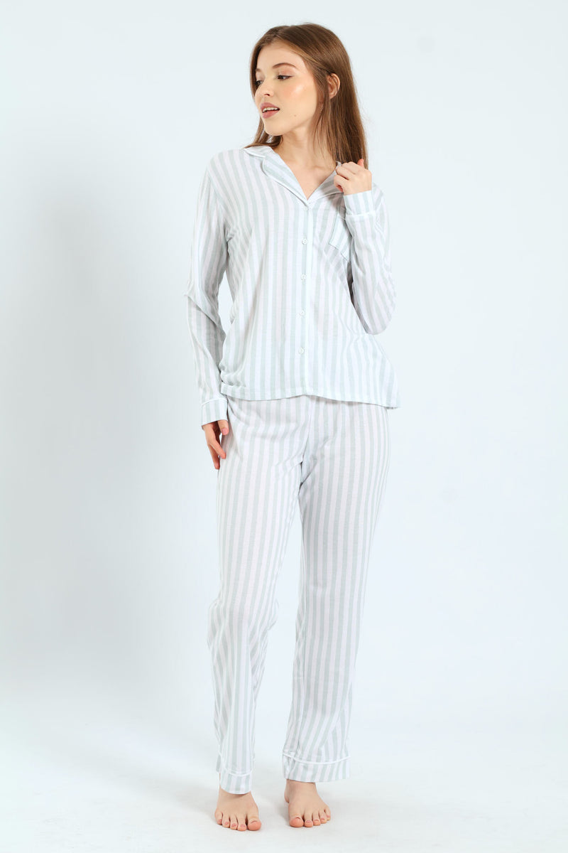Long Sleeve Button Through & Pants Stripe Knit Set - Duck Egg