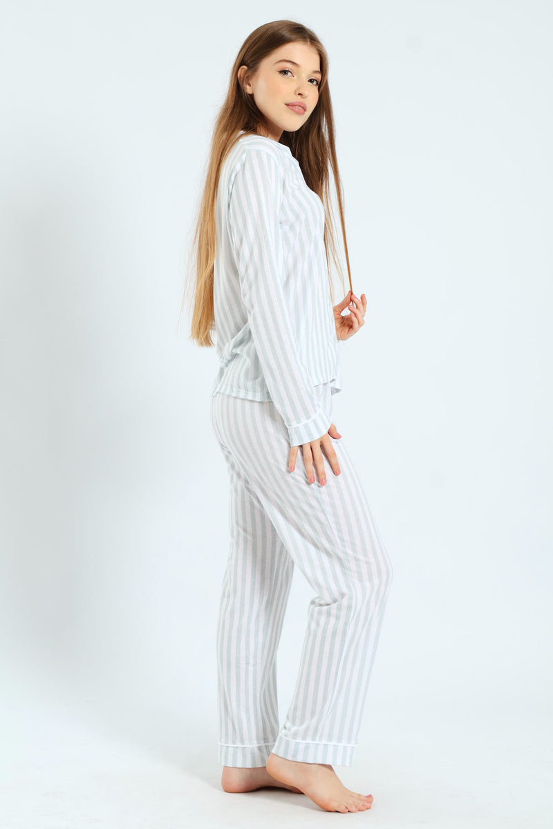 Long Sleeve Button Through & Pants Stripe Knit Set - Duck Egg