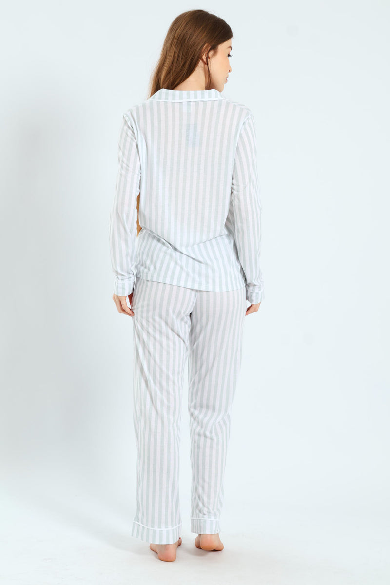 Long Sleeve Button Through & Pants Stripe Knit Set - Duck Egg