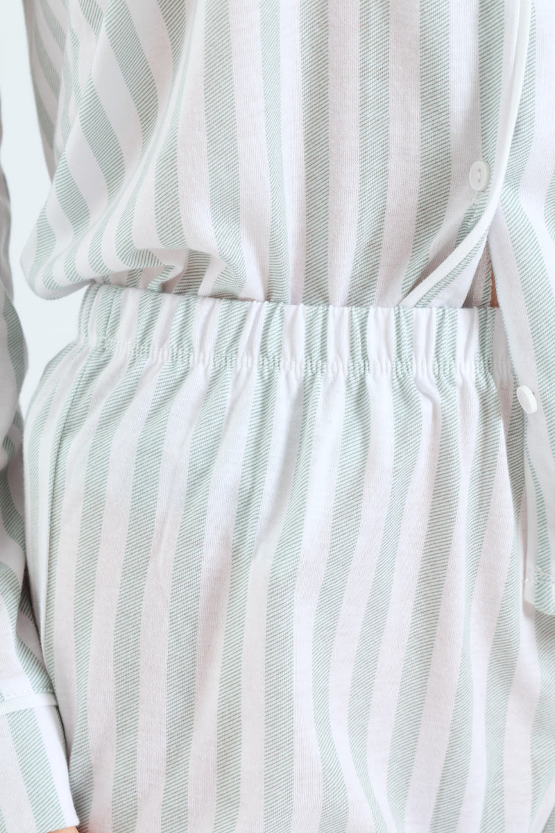 Long Sleeve Button Through & Pants Stripe Knit Set - Duck Egg