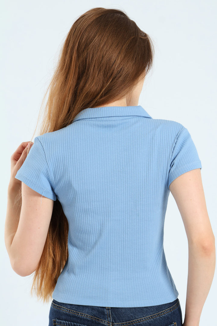 Short Sleeve Button Through Golfer - Light Blue