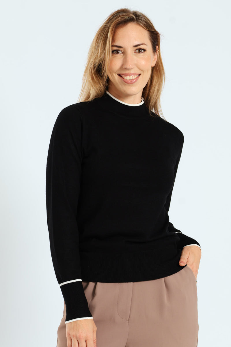 Turtleneck Tipped Pullover - Black/Cream
