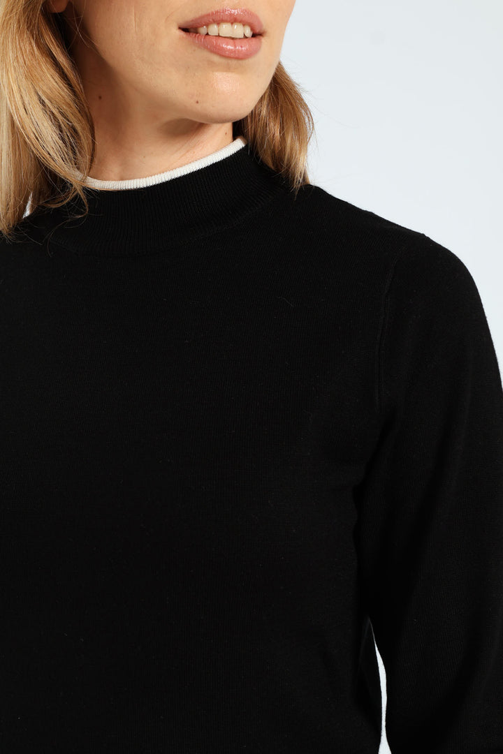 Turtleneck Tipped Pullover - Black/Cream