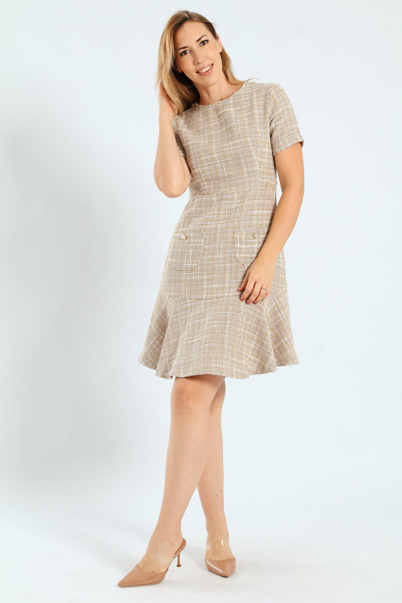 Flared Pocket Tweed Dress - Cream