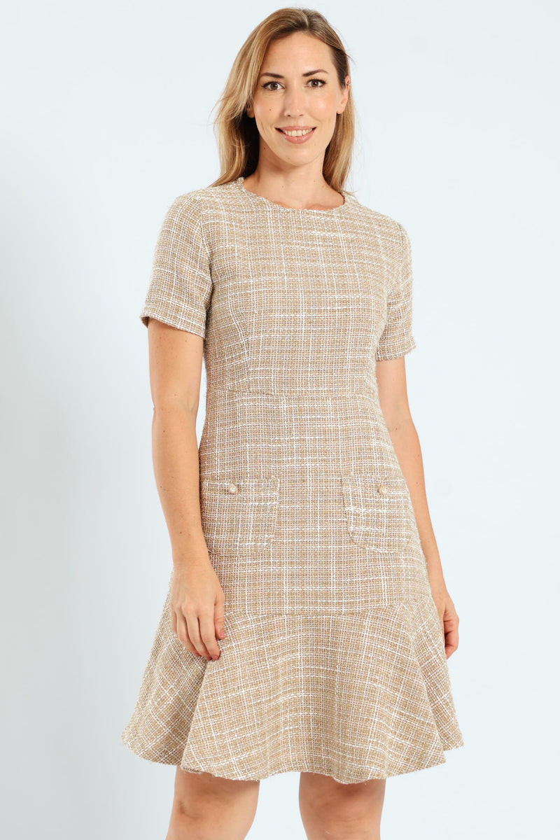 Flared Pocket Tweed Dress - Cream