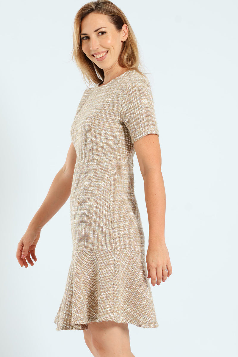 Flared Pocket Tweed Dress - Cream