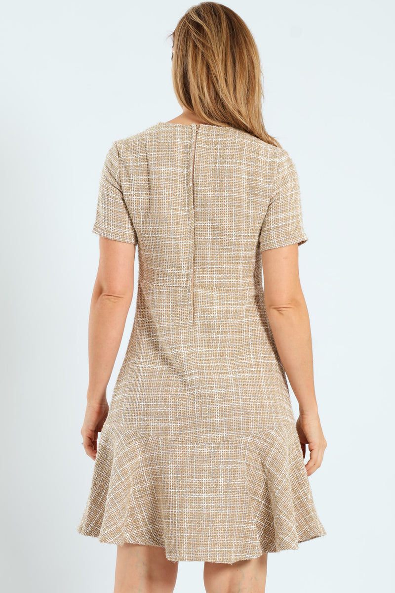 Flared Pocket Tweed Dress - Cream