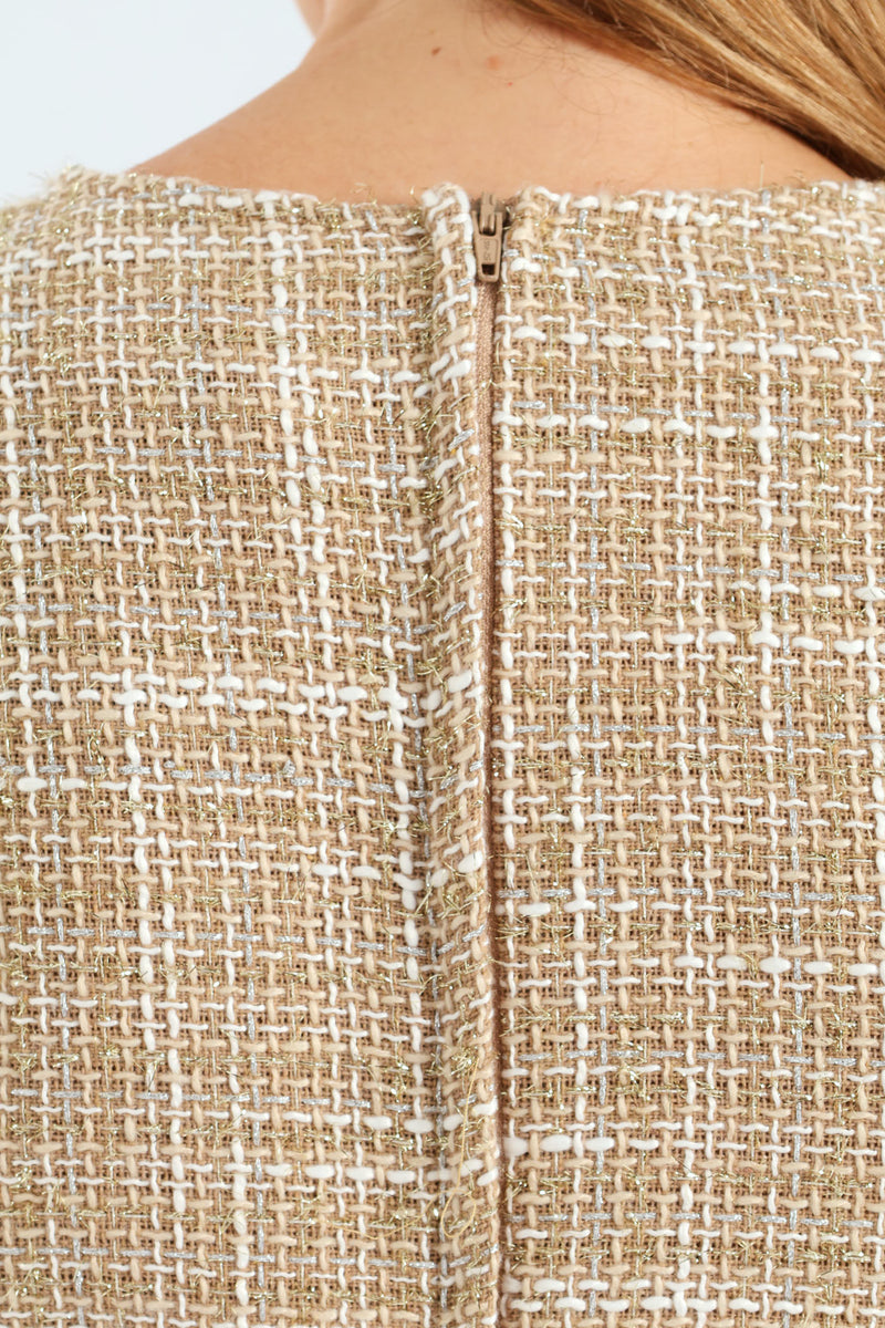 Flared Pocket Tweed Dress - Cream
