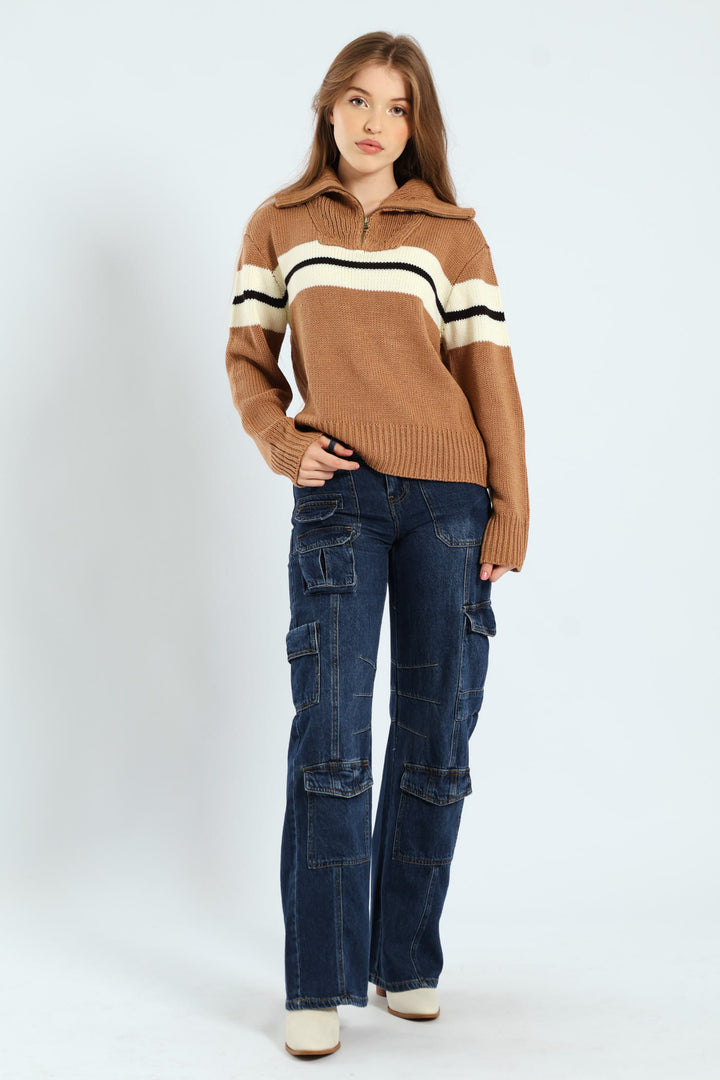 Zip Detail Pullover Sweater - Brown