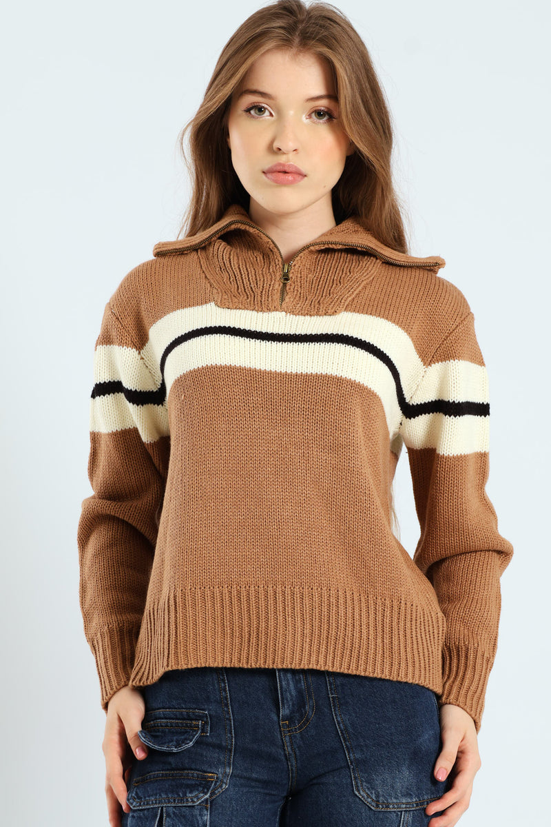 Zip Detail Pullover Sweater - Brown