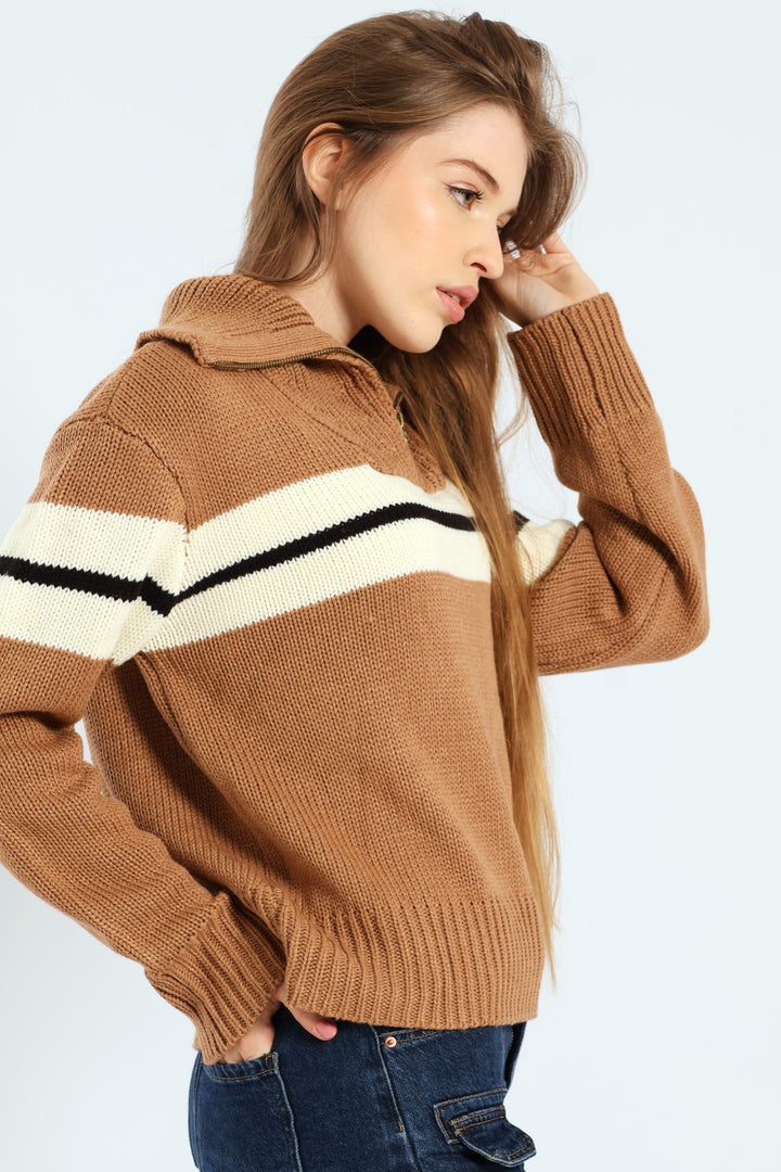 Zip Detail Pullover Sweater - Brown