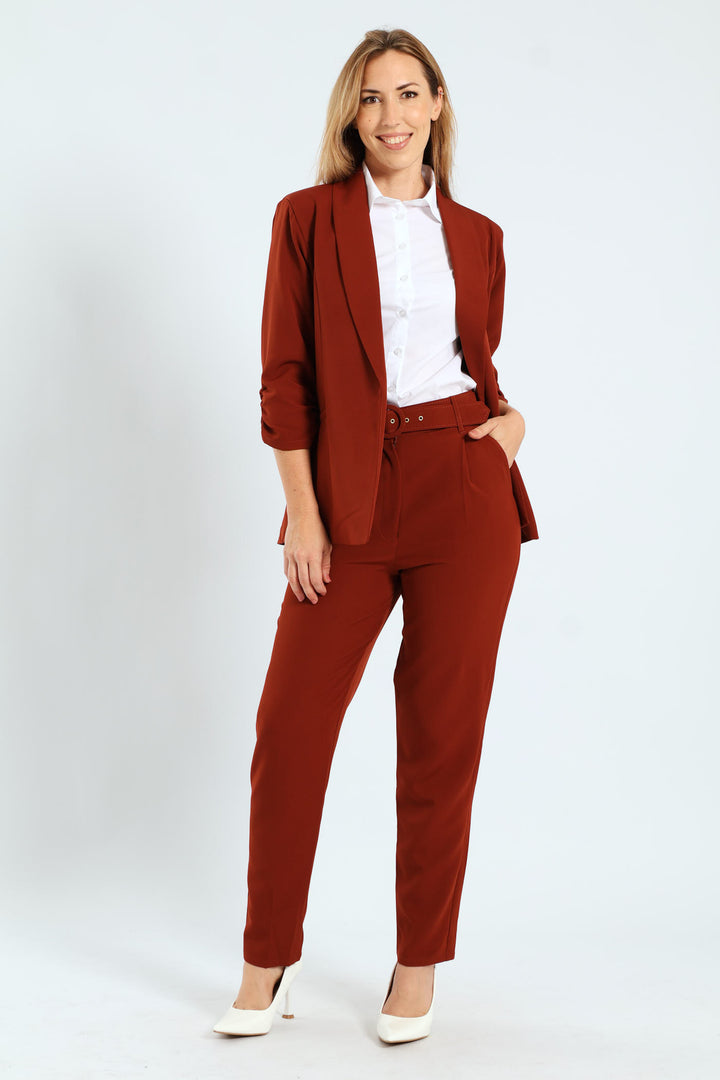 Gauged Sleeve Blazer - Brown