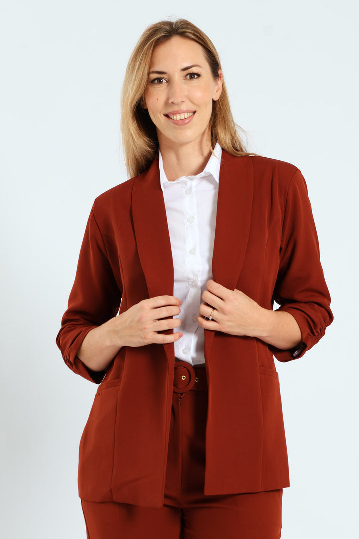 Gauged Sleeve Blazer - Brown