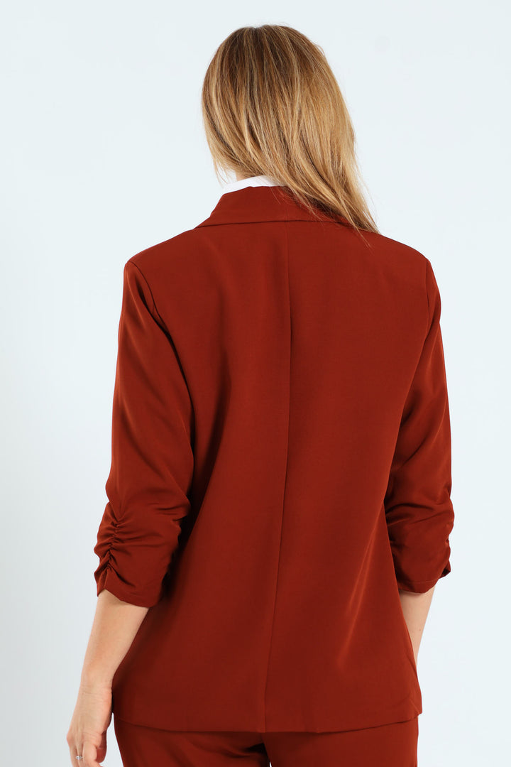 Gauged Sleeve Blazer - Brown