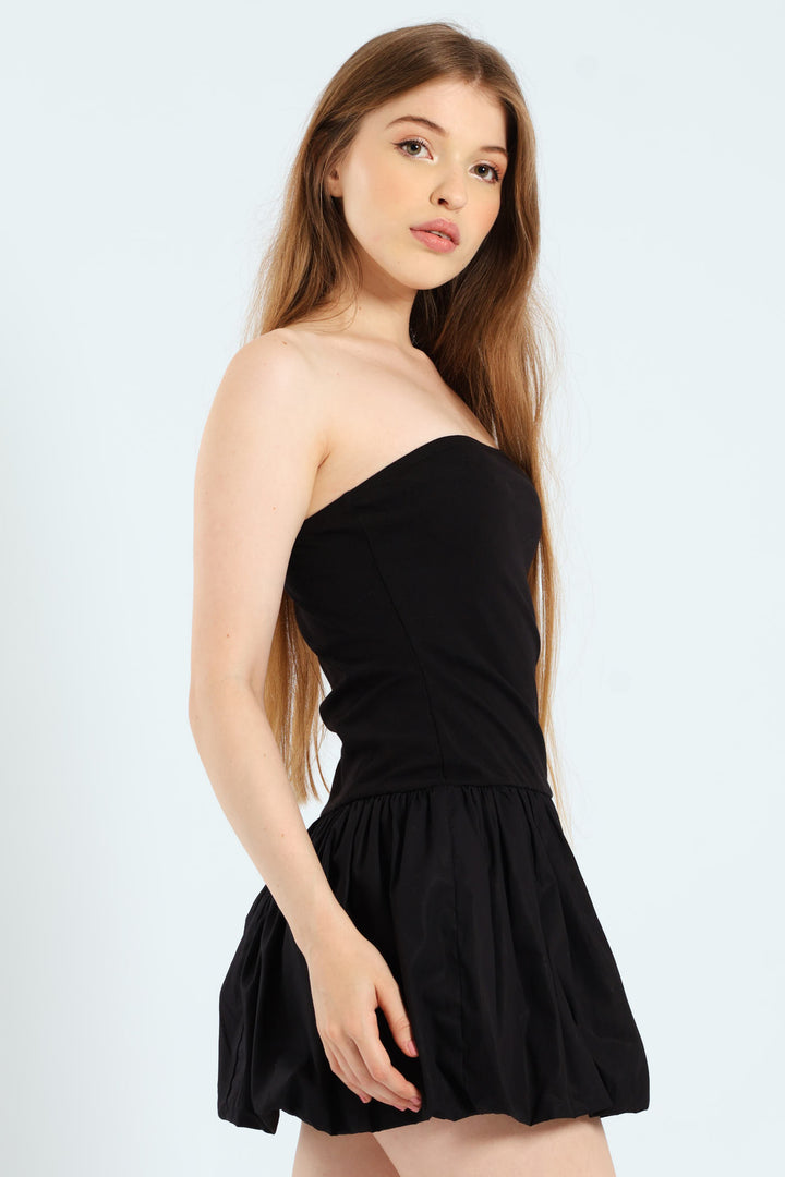 Strapless Bubble Hem Dress - Black