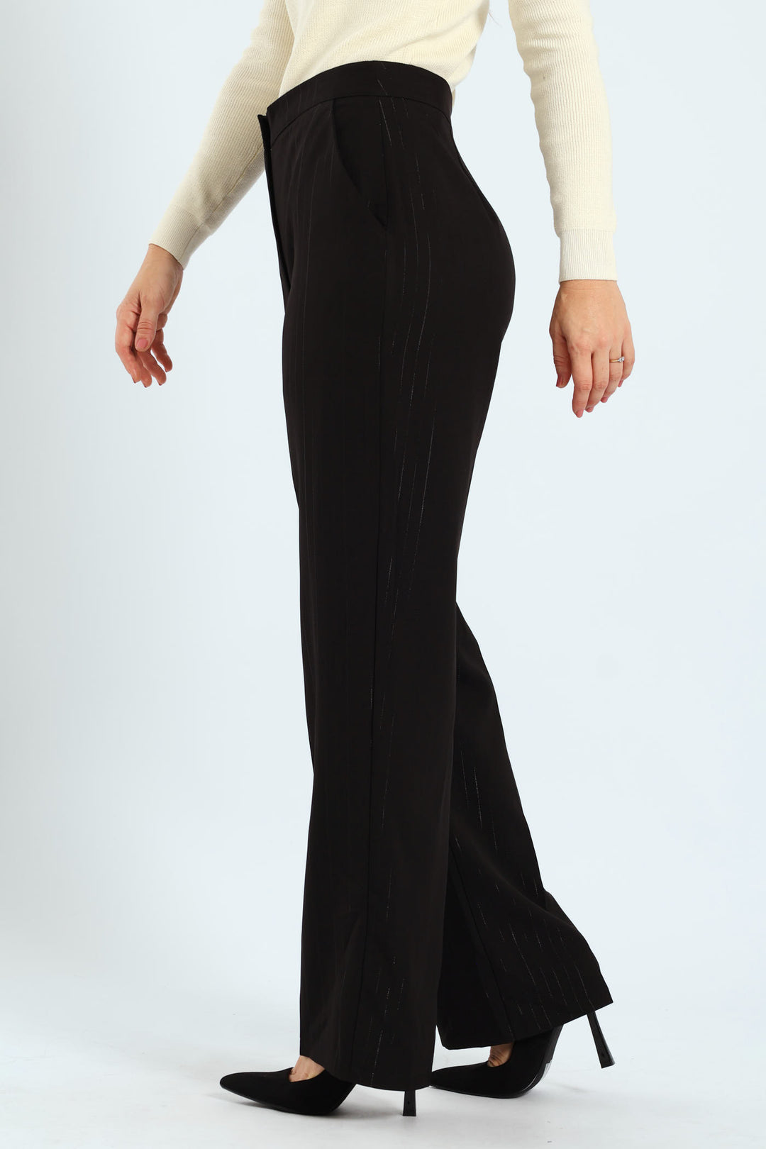 Lurex Stripe Straight Leg Pants - Black