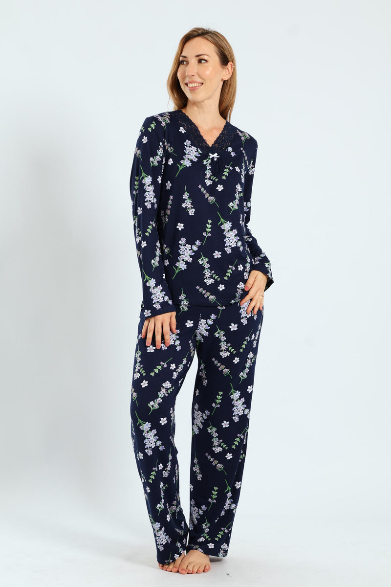 Soft Touch Lace Detail Top & Pants Set - Navy