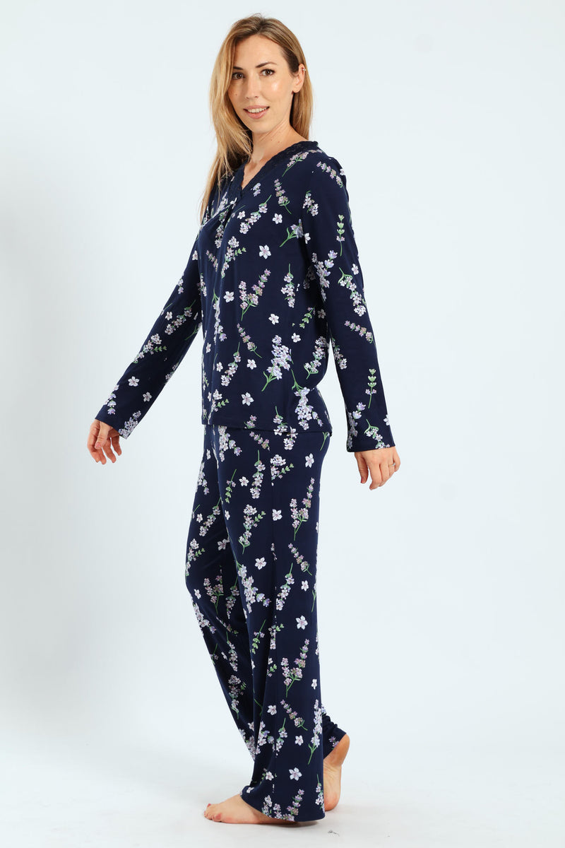 Soft Touch Lace Detail Top & Pants Set - Navy