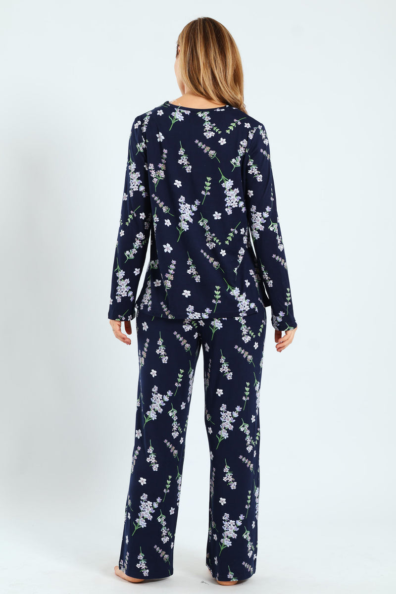Soft Touch Lace Detail Top & Pants Set - Navy