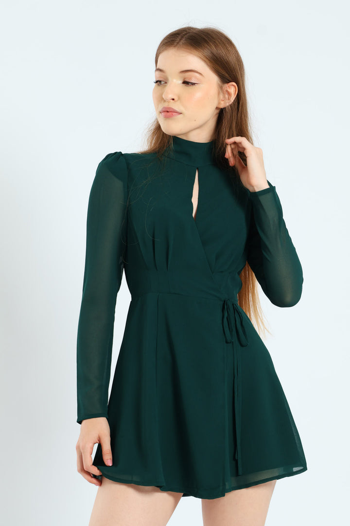 Chiffon Keyhole Tie-Waist Mini Dress - Hunter Green